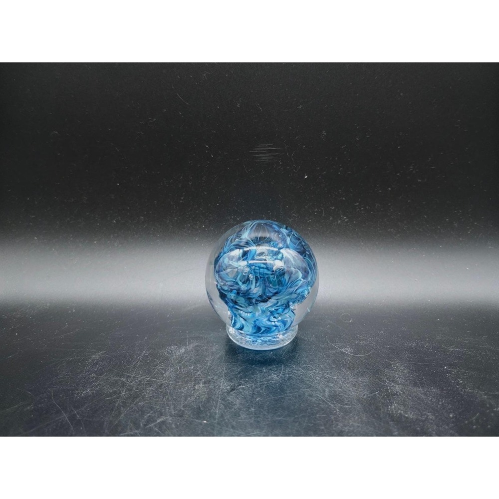Vintage Art Glass Paperweight Blue Swirl Pedestal Round Orb Desk Decor 3"